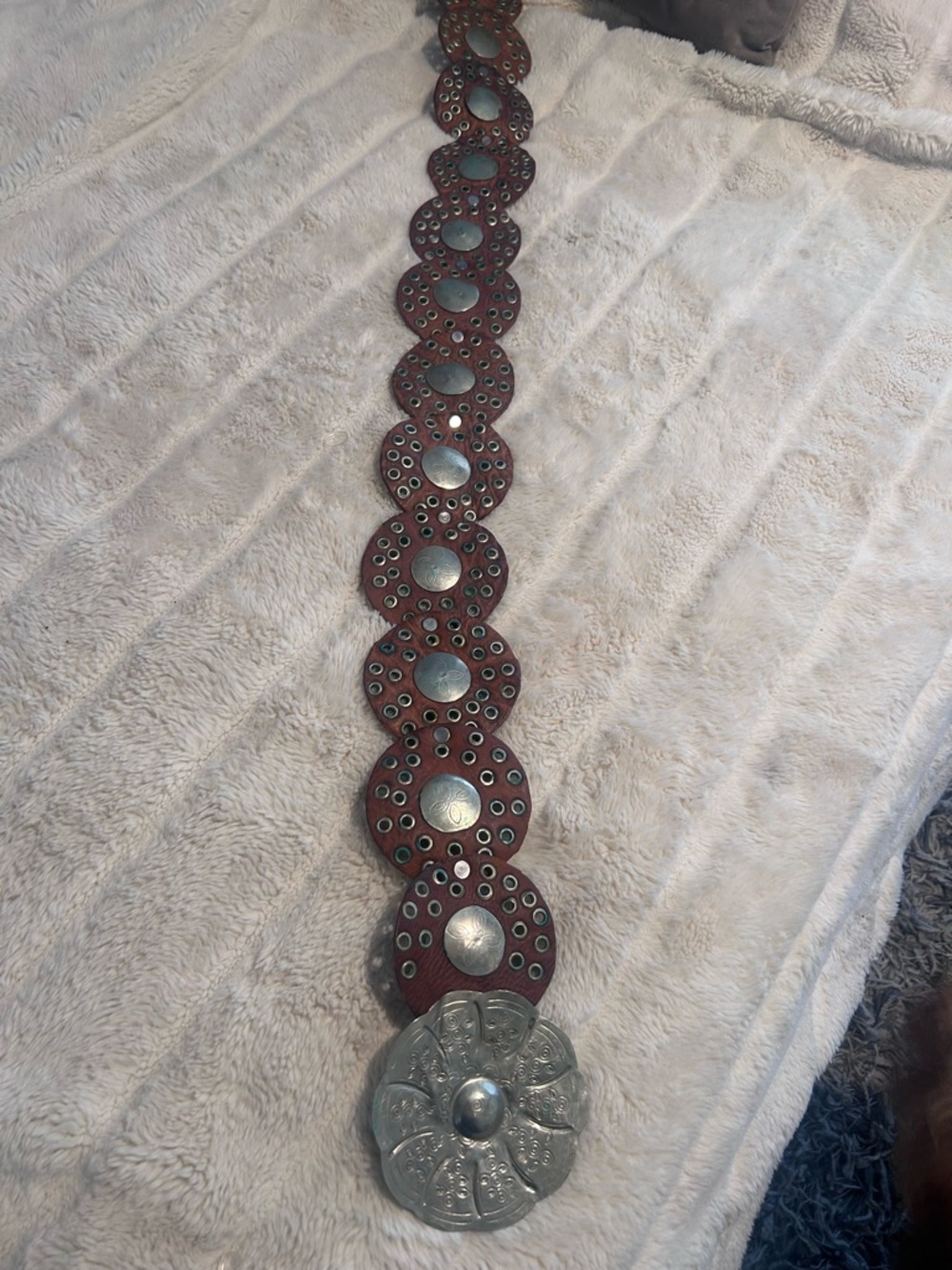 Boho Round Leather Concho Belt with Silver Medallions - Brown - Picture 2 of 6